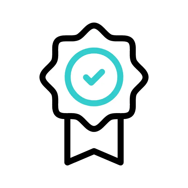 Ícone de uma medalha ou selo de qualidade com um símbolo de verificação (checkmark).